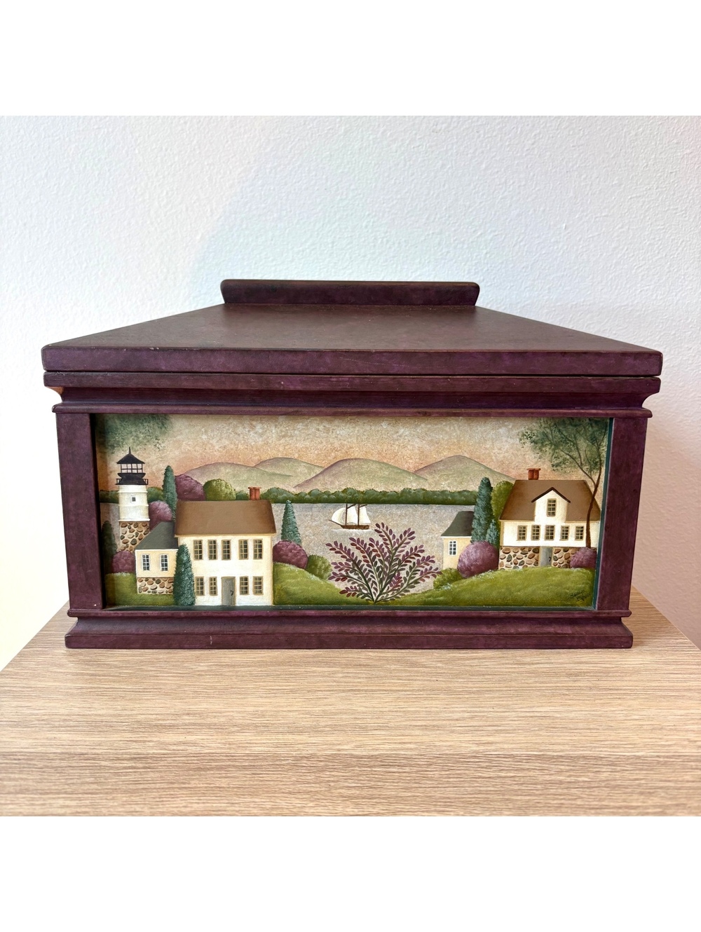 Keepsake Box Hand-Painted Coastal Lighthouse Wooden Folk Art Decor